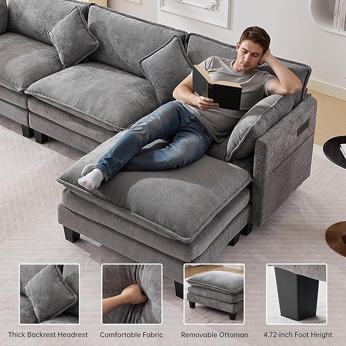 Opiesit 108" Modular Sectional Couches for Living Room with Ottoman, L Shaped Cloud Couch with Charger, USB & Type-c Port, Comfy 4 Seats Sofas with Deep Seat, Chenille Fabric, Darkgrey