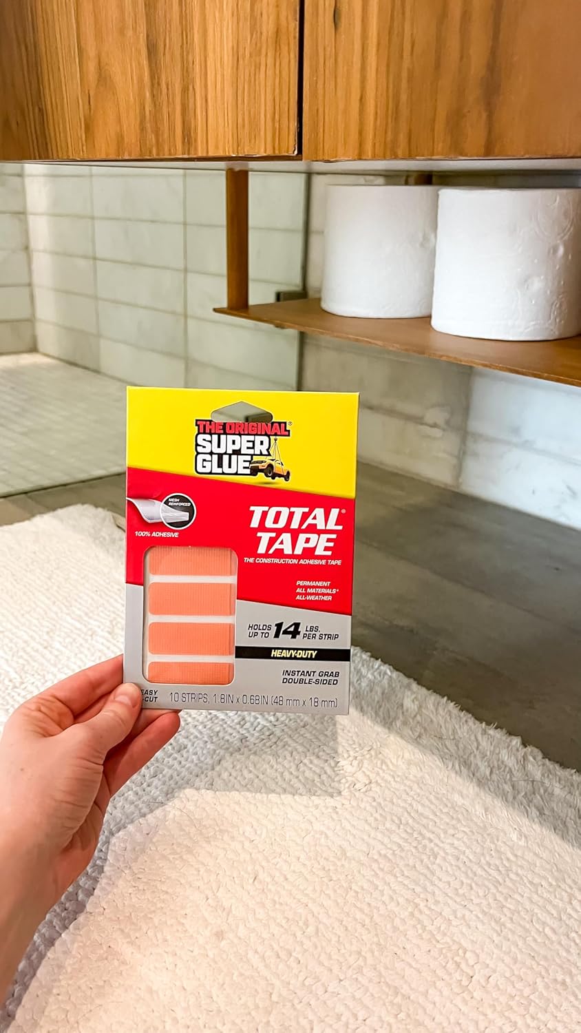 Super Glue, Total Tape Precut Strips, 10 Strips, Strong Indoor & Outdoor Construction Adhesive, Holds 14 lbs. per Strip, Permanent Bonding, All-Weather, Mesh Reinforced, Easy-to-Use Double-Sided Tape
