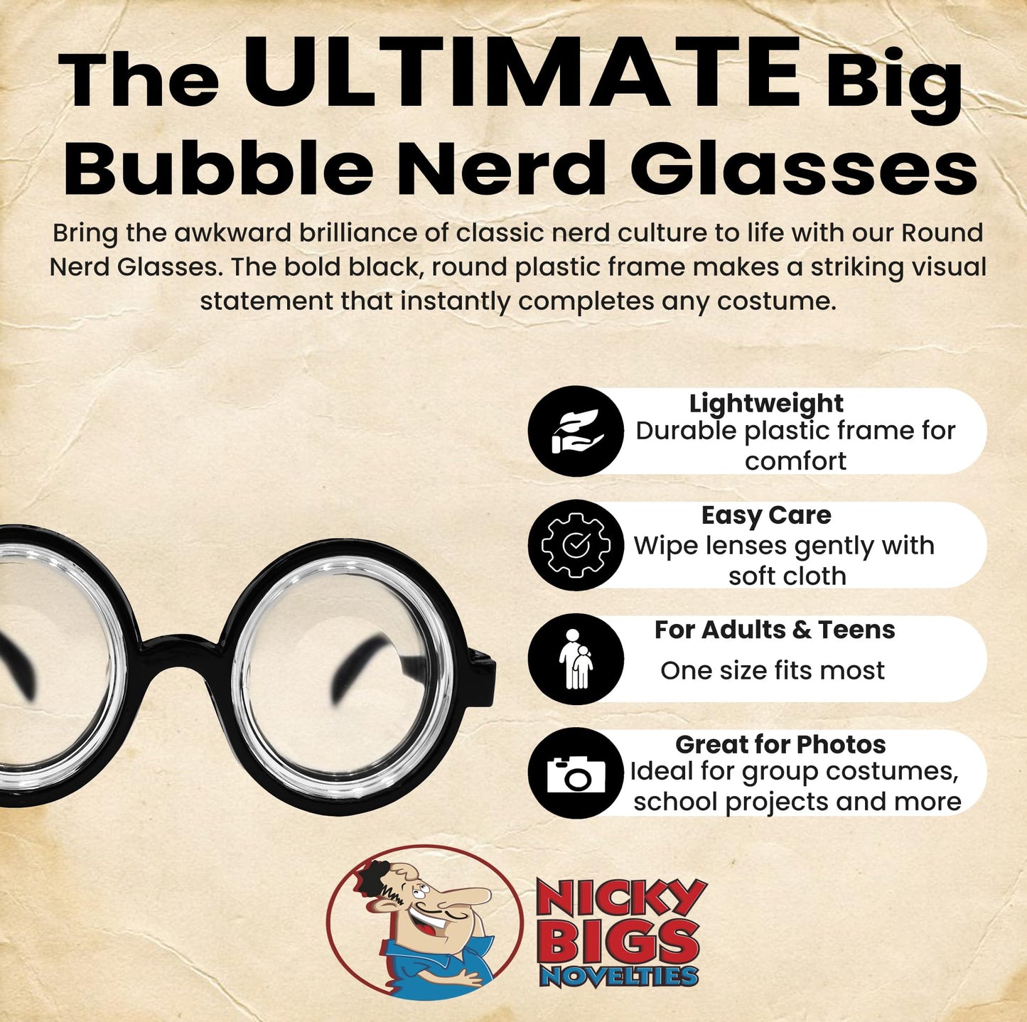 Nicky Bigs Novelties Round Shaped Bubble Thick Lensed Nerd Eye Glasses Fake Plastic Costume Prop Wizard