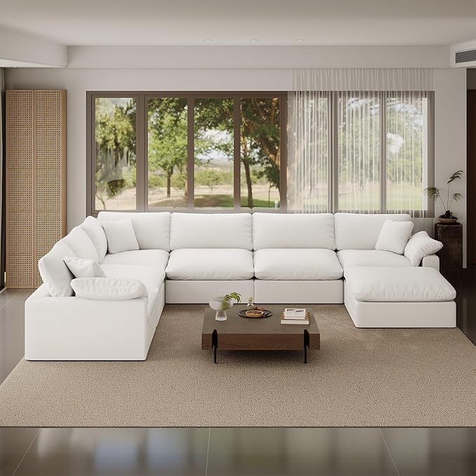 Intuition Decor 253" Oversized Cloud Modular Sectional Sofa,7 Seat Down Filled Sofa,Comfy Deep Seat Couch with Reversible Chaise & Cushions,Couch Cover Washable and Replaceable,White