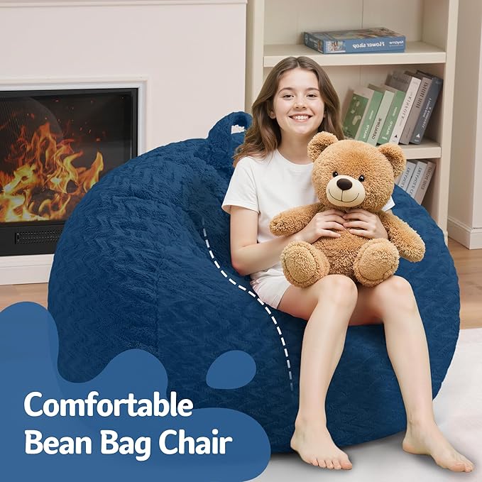 2FT Bean Bag Chair,Giant Bean Bag Chairs for Adults,Big Bean Bags with Memory Foam Filled, Large Beanbag Chairs with Chevron Plush Cover-Blue
