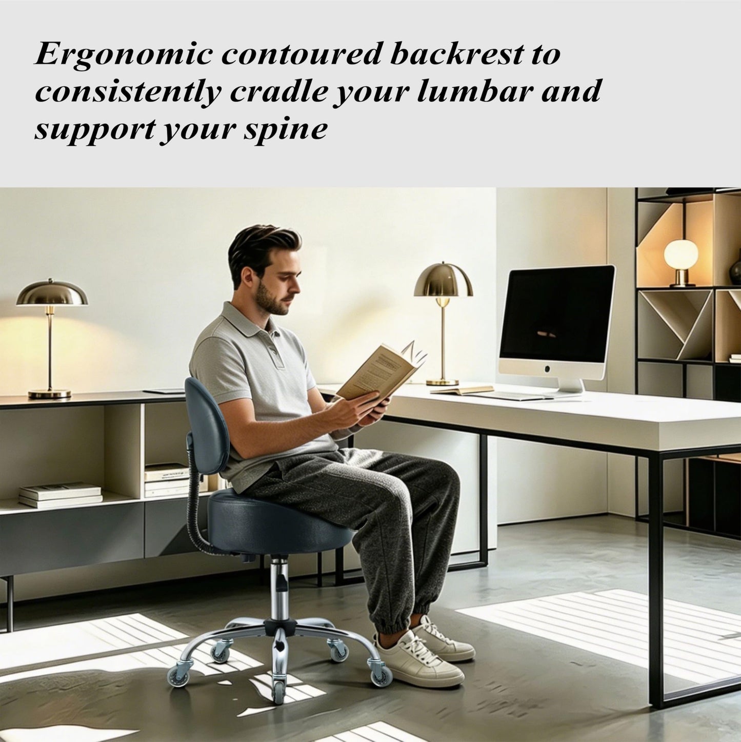 Ergonomic Drafting Stool with Backrest, 400LB Heavy Duty Hydraulic Stool, 19-25 Inch Adjustable Height Rolling Stool Chair with Lumbar Support for Standing Desk, Salon, Tattoo, Kitchen, Home Office