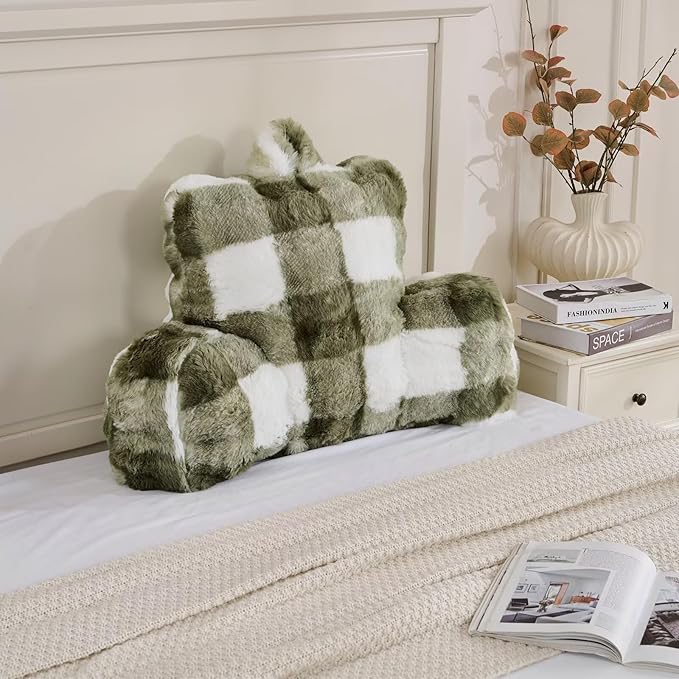 Reading Pillows for Boyfriend Adult,Velvet Back Pillow Bed Wedge Large, Back Rest Support Cushion for Sitting Up in Bed/Couch for Bedrest 18inch-Sage Green Grid Print