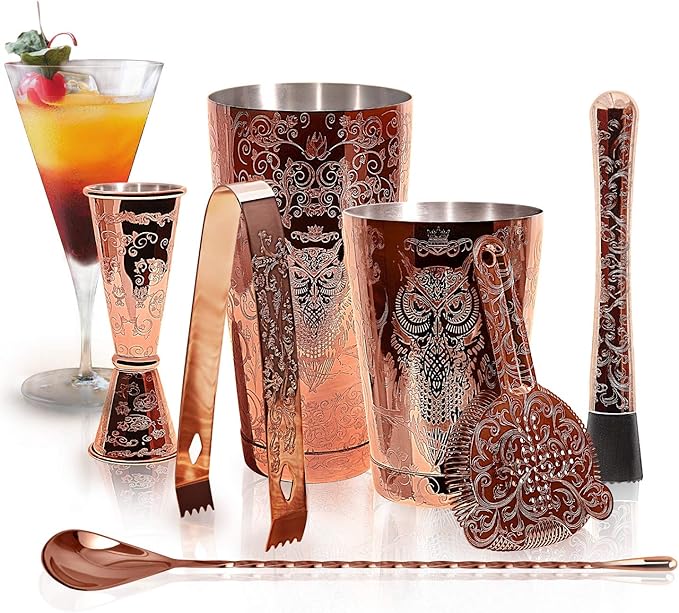 SKY FISH Bartender Kit Cocktail Shaker Set-6 Pieces Stainless Steel Copper Plated Etching Bar Tools with Boston Shaker Tin...