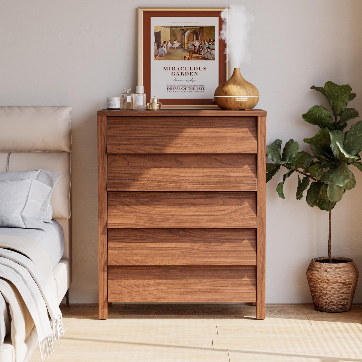 IRONCK 5 Drawer Dresser for Bedroom, Modern Chest of Drawers with Handleless Design, Wooden Tall Dresser Storage Cabinet Bedroom Furniture for Living Room, Hallway, Closet, Walnut