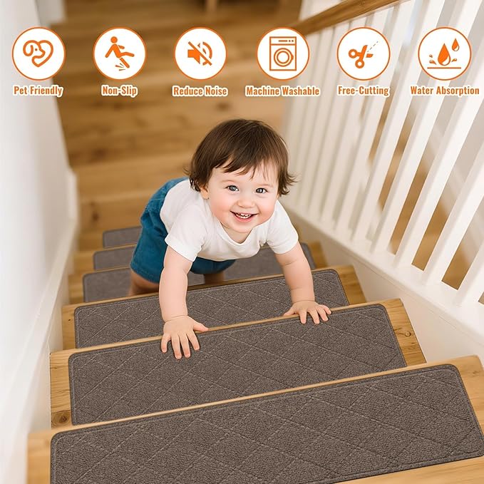 Stair Treads Non-Slip for Wooden Steps, 15Pack - 8" x 30" Edging Stair Runner Indoor for Kids Elders & Pets, Washable Carpet Stair Treads with Peel & Stick Reusable TPE Backing, Brown