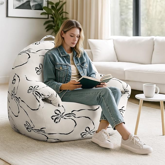 Peace nest Bean Bag Chair with Memory Foam Filled Ultra Soft Jacquard Pattern Cover for Adults Comfy Fur Bean Bag Chairs with Armrests for Bedroom Living Room Office Dorm Reading Flower