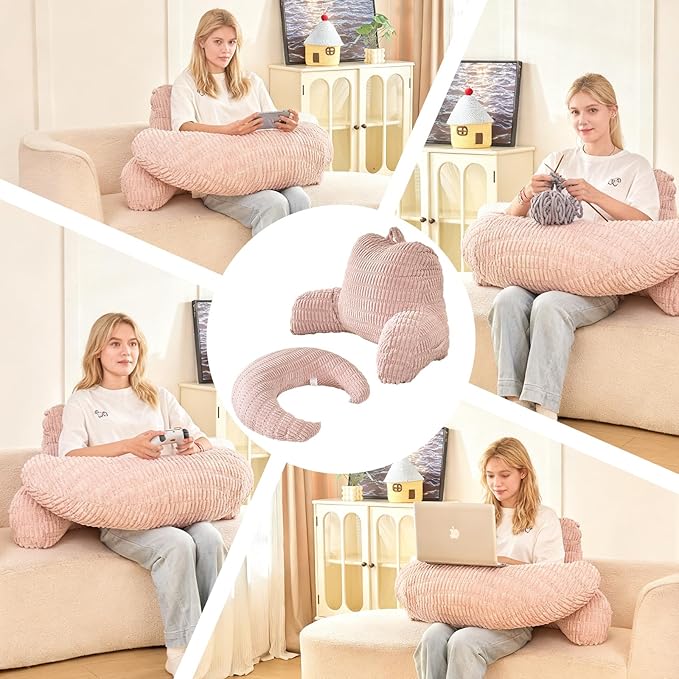 PAJEO Back Pillow for Bed Sitting Up,U Shaped & Back Support Pillow for Bed,19" Backrest with Lumbar & Arm Support,Comfy Corduroy Fabric,Lap Pillow for Gaming/Reading/Watching TV,Pink