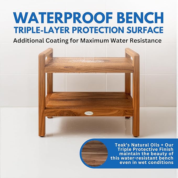 EcoDecors Eleganto 24 Inch Natural Color Waterproof Teak Wood Shower Bench Stool Seat Chair For Inside Shower Provides Safety, Storage, and Organization For Bathroom Accessories
