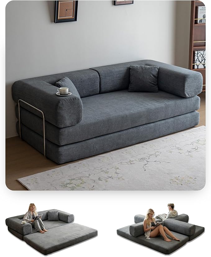 No Assembly Convertible Sofa Bed & 79" Boneless Couch with Pocket , 5-in-1 Futon Sofa Bed with 2 Pillows Modular Pull Out Couch Bed with Frame,Compression in Box for Living Room Small Spaces Grey