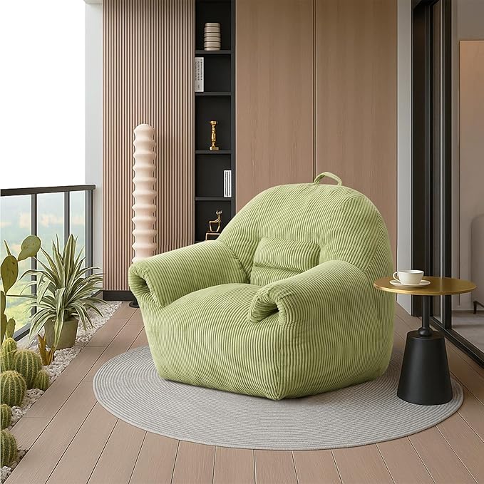 Peace nest Bean Bag Chair with Memory Foam Filled Ultra Soft Corduroy Cover for Adults Comfy Fur Bean Bag Chairs with Armrests for Bedroom Living Room Office Dorm Reading Green