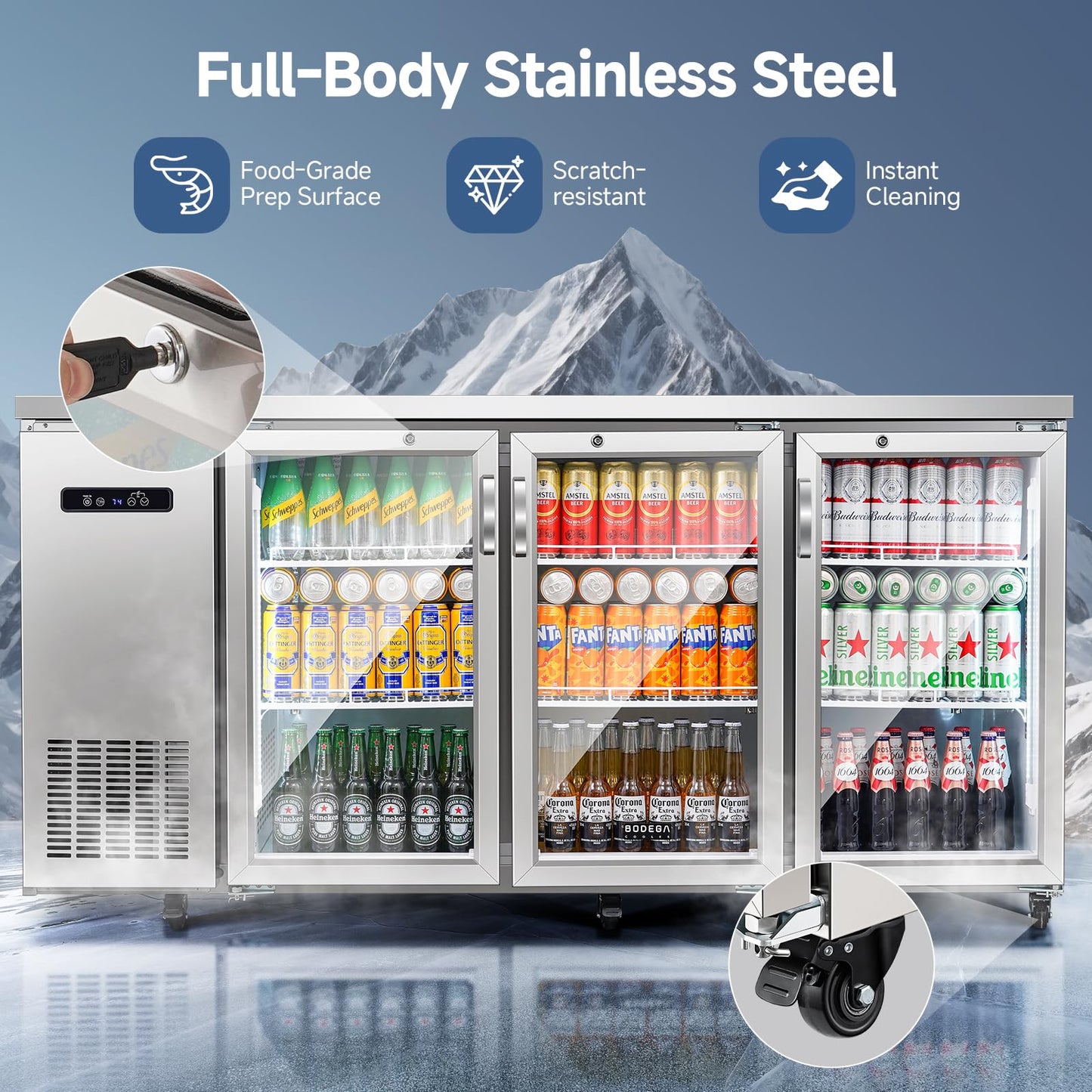 BODEGACOOLER 20.5 Cu.Ft Commercial Back Bar Refrigerator - 3 Glass Door Beverage Cooler for Beer, Soda, Wine with LED Display & SUS304 Stainless Steel Exterior