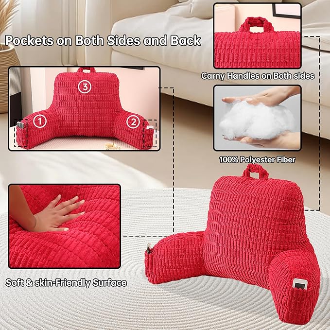 PAJEO Reading Pillow for Sitting in Bed, Large Backrest Reading Pillow with Arm Rest,Back-Rest Support Cushion for Sit Up on Couch, Sofa, and Floor, Dorm Essentials (Red Corduroy, Large(19"))