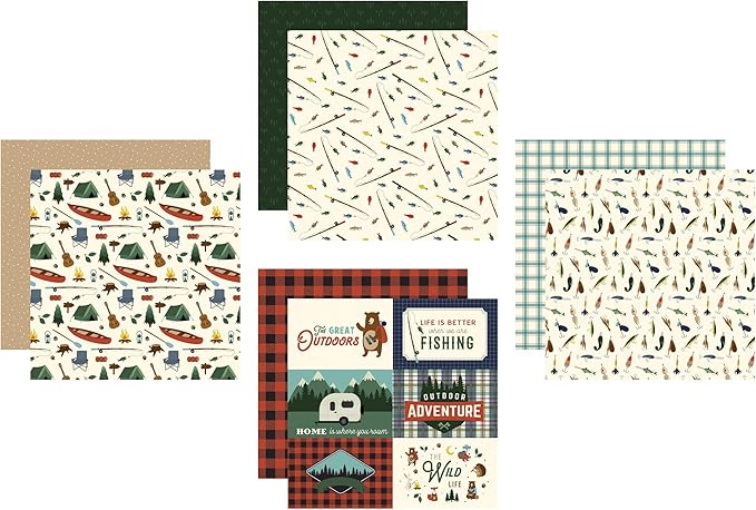 Fishing Scrapbook Paper - 12x12 Inch Cardstock with Fishing Pole, Fish, Outdoor Adventure Theme | for Boat, Lake, Fisherma...