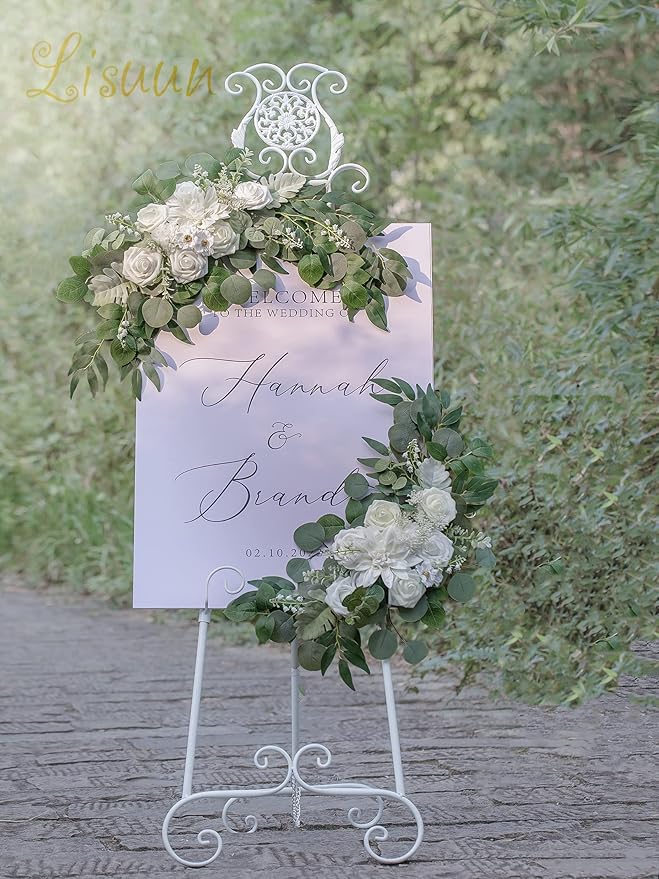 Wedding Arch Flowers, Artificial Floral Decor for Wedding Ceremony & Reception, Standard Size Large Flower Swag Set for Backdrop & Welcome Sign, Pack of 2 (Pure White & Ivory White)