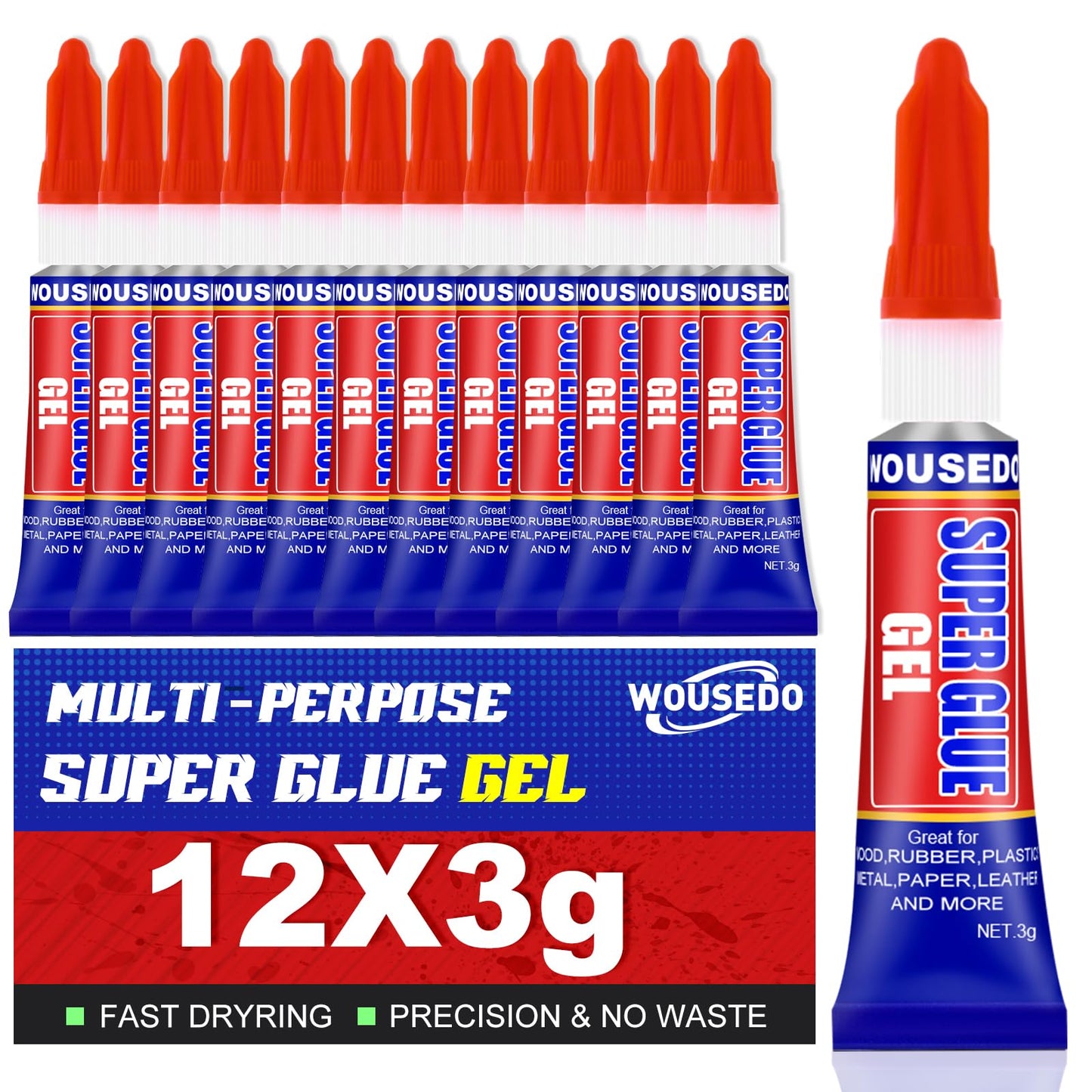 12 x 3g Super Glue Gel, Fast Strong Adhesive, Strong Cyanoacrylate (CA) Glue for Plastic, Metal, Ceramic, Leather, Wood, DIY Crafts and More – Quick Dry, Thick Formula, All-Purpose Instant Bond