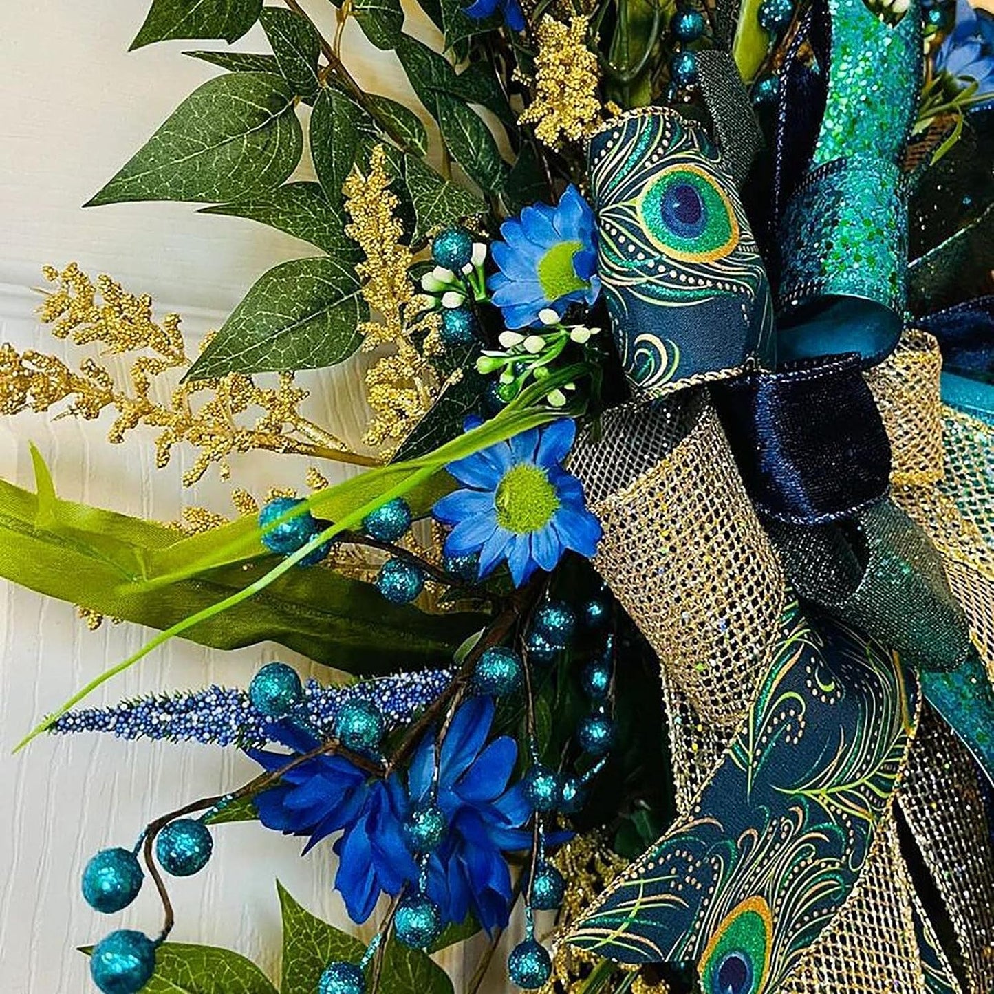 Peacock Wreath Artificial Flower Wreath with Bowknot Festival Hanging Garland Simulation Garland for Xmas Halloween Holiday Door Decor 18inch