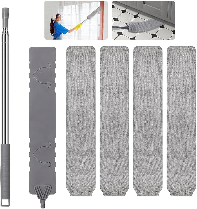 Retractable Gap Dust Cleaner, 4 Microfiber Dusting Cloths Long, Ceiling Fan Cleaner Duster with Stainless Steel Handle Washable Cleaning Tools, Extendable Duster, High Ceiling