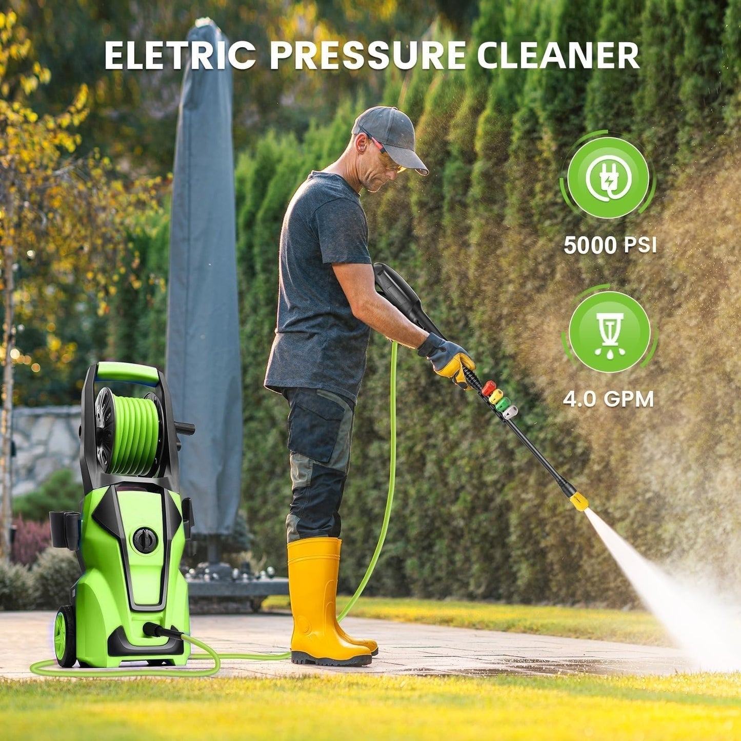 Electric Pressure Washer Adjustable 5000PSI 4.0 GPM High Power Washers with 33ft Hose Reel, 4 Nozzle and Foam Cannon, Power Washers Machine for Home, Cars, Patio (Green)