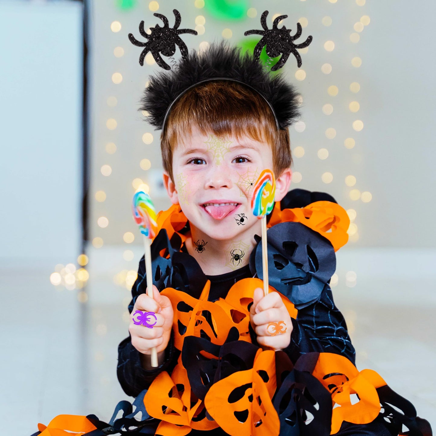 Halloween Spider Costume for Adult Orange Black LED Lights Candy Backpack Headband Ring Tattoos for Trick or Treat Cosplay Halloween Party Decorations Accessories (Batteries Not Included)
