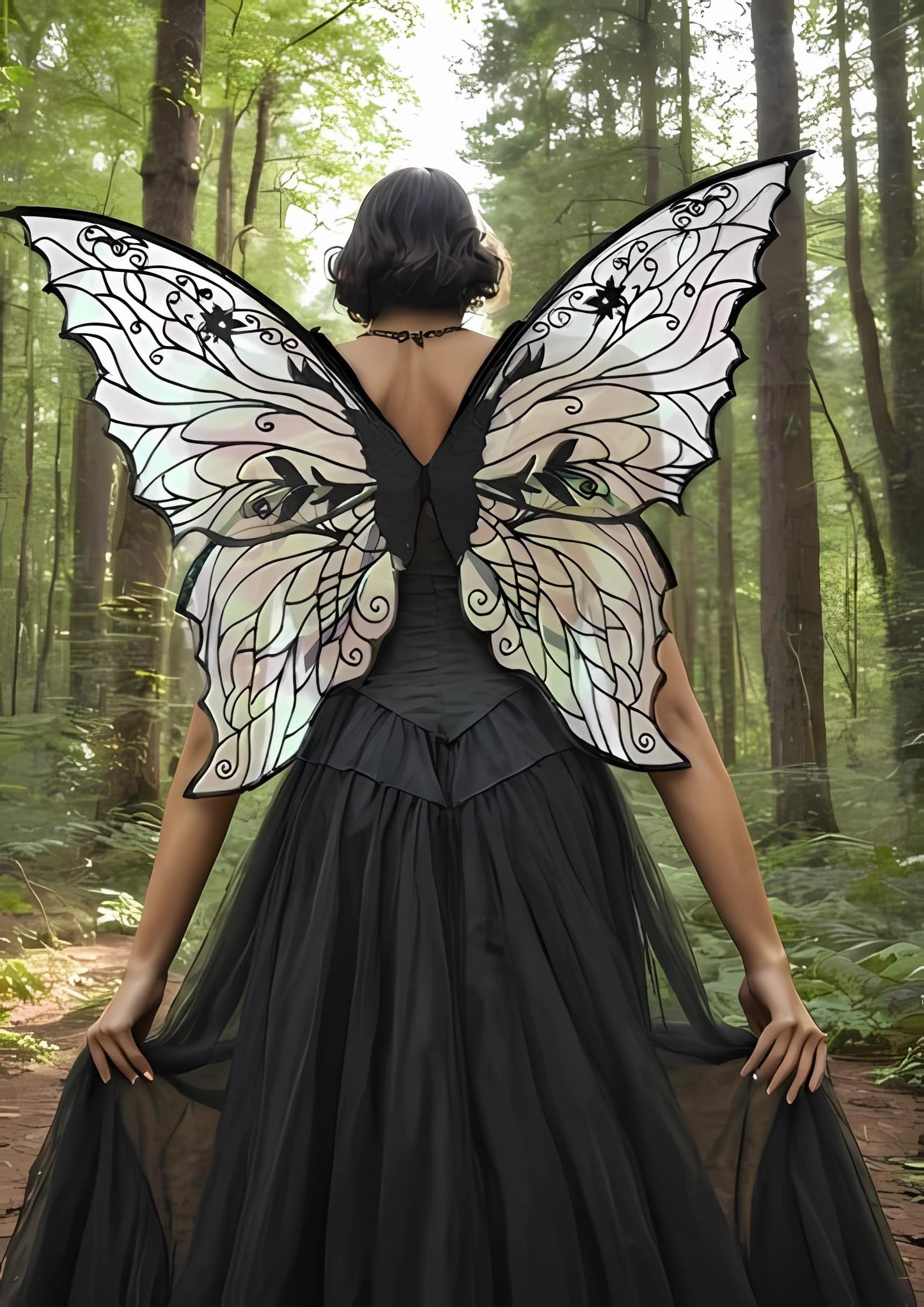 Fairy Wings for Adults and Girls，Fairy Costume Set with Floral Garland, Fairy Hair Tinsel, Wand & Elf Ears – 29"x21" Organza Butterfly Wings – Ideal for Cosplay, Party, Black