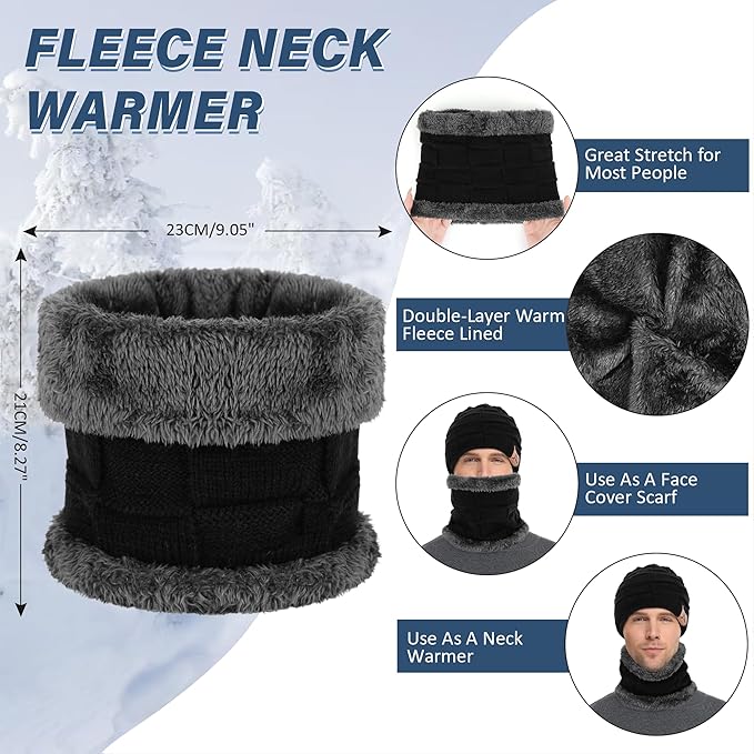 Mens Winter Beanie Hats Scarf Set Warm Knit Skull Cap Neck Warmer with Fleece Lined Winter Hat for Women