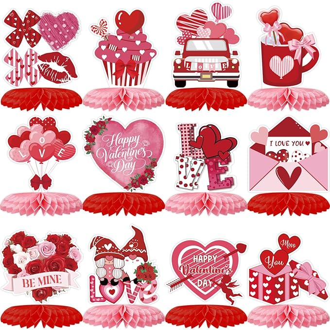 ZCPTZ 12Pcs Valentine‘s Day Honeycomb Centerpieces Pink Red Valentine Table Centerpiece Decorations for Valentine Party Su...