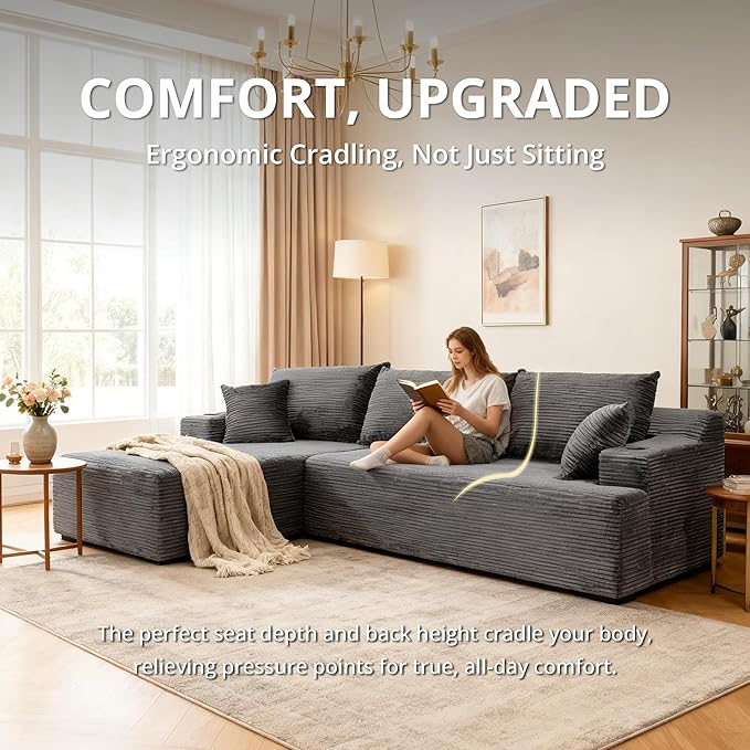 105" Cloud Sectional Couch with L-Shape Chaise, Modular Sectional Sofa with Deep Seat & 2 Cup Holders, Modern Corduroy Boneless Couches for Living Room, No Assembly Required, Left Facing Chaise, Grey | Pet Friendly, Flexible Layout