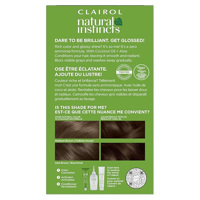 Clairol Natural Instincts Demi-Permanent Hair Dye, 5C Brass Free Medium Brown Hair Color, Pack of 3