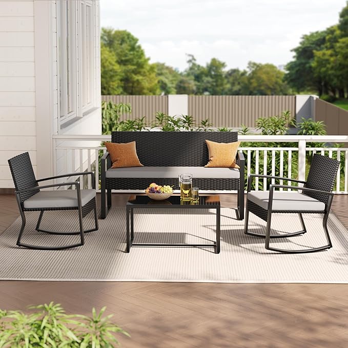 Ahomly 4 Piece Outdoor Patio Furniture Set, Wicker Patio Furniture with Glass Coffee Table, Rocking Wicker Bistro Set, for Backyard, Poolside, Porch (Grey)