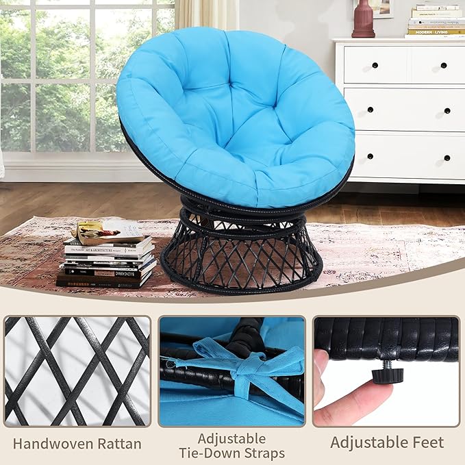 40" Ergonomic Wicker Papasan Chair, 360° Swivel Indoor Outdoor Rattan Chair with Soft Thick Cushion, Ideal for Living Room, Bedroom, Reading Room, Black Frame with Blue Cushion
