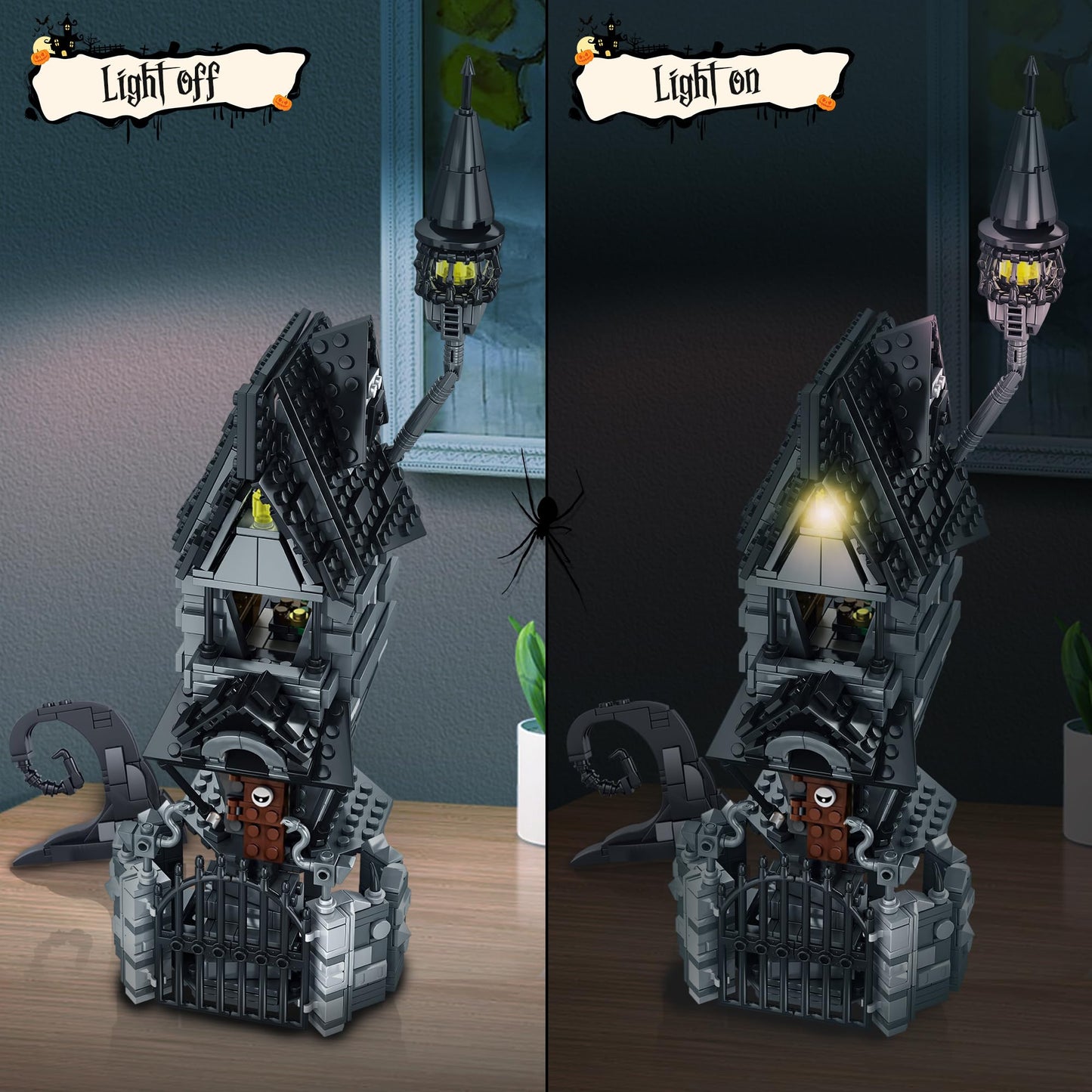 Usoway Haunted Village House Building Blocks Set, Halloween Christmas Haunted Building Kit with Led Light, 2 Minifigures, Creative Festival Toy Kit Gifts for Kids or Movie Fans (766pcs)