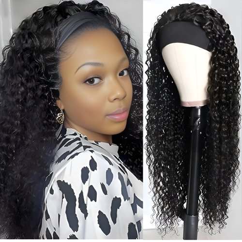 Prisyfab Curly Headband Wig Human Hair 20Inch Human Hair Headband Wig Glueless Wear and Go Human Hair Scarf None Lace Front Wigs 150% Density Natural Color