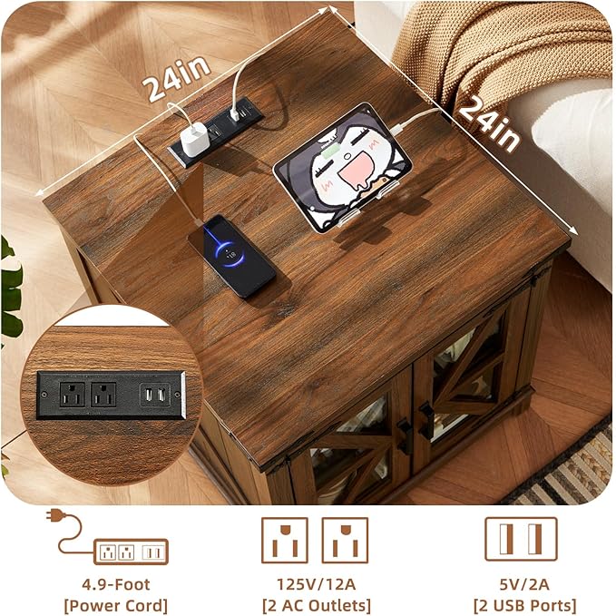 Joaxswe Farmhouse End Table with Charging Station Set 2, 24" Large Sofa Side Table with Glass Barn Door, Nightstand with Adjustable Storage Shelf,Wood Square Bedside Table for Living Room,Bedroom