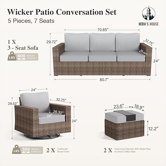 HERA'S HOUSE Patio Furniture Conversation Set, Outdoor Swivel Glide Wicker Chairs with 4.92" Widened Armrest, 5 Pieces Deep Seating Yellow Rattan Sofa with 5.5" Gray Cushions for Deck Garden Yard