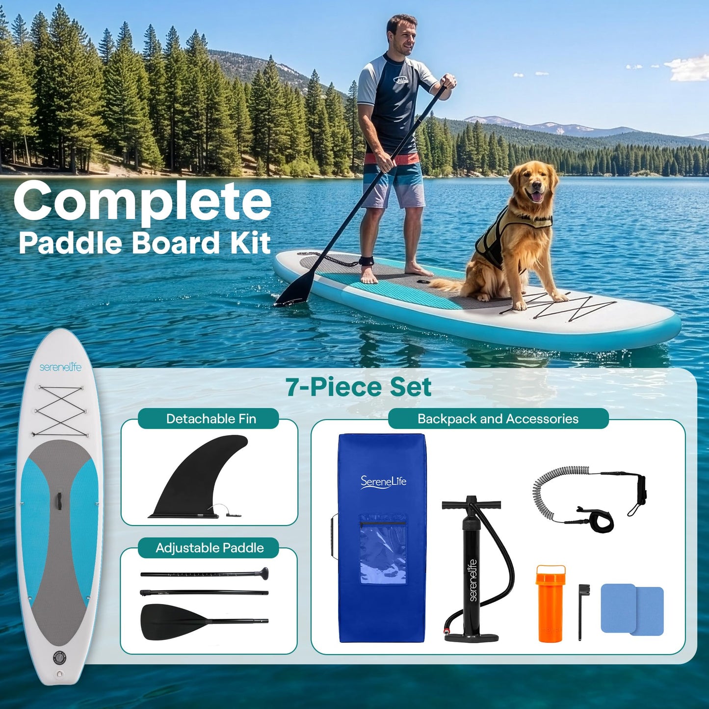 SereneLife Inflatable Stand Up Paddle Board - Wide Stable Design, Non-Slip Deck for Adults & Youth with Premium Paddle Board Accessories: Carry Bag, Dual Action Pump, Paddle, Ankle Leash - 10'