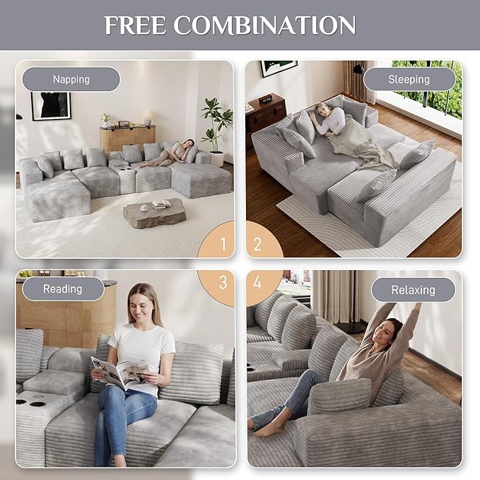 Modular Sectional Sofa with USB Cup Holders Storage, 143" U Shaped Cloud Couch Plush Corduroy Deep Seat Boneless Sofas with Double Chaise Lounge Sectional Couches Memory Foam for Living Room - Grey