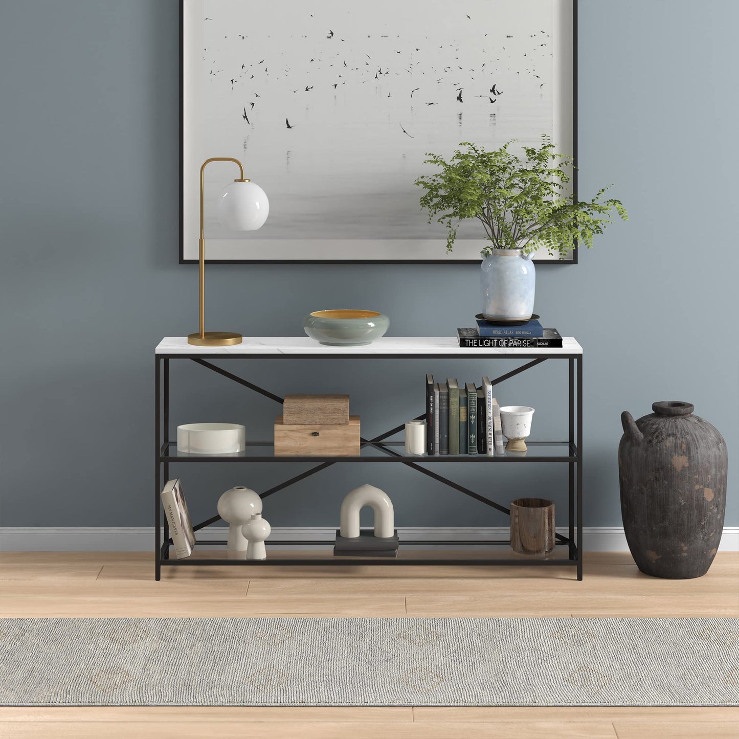 Fionn 55" Wide Rectangular Console Table with Faux Marble Top in Blackened Bronze