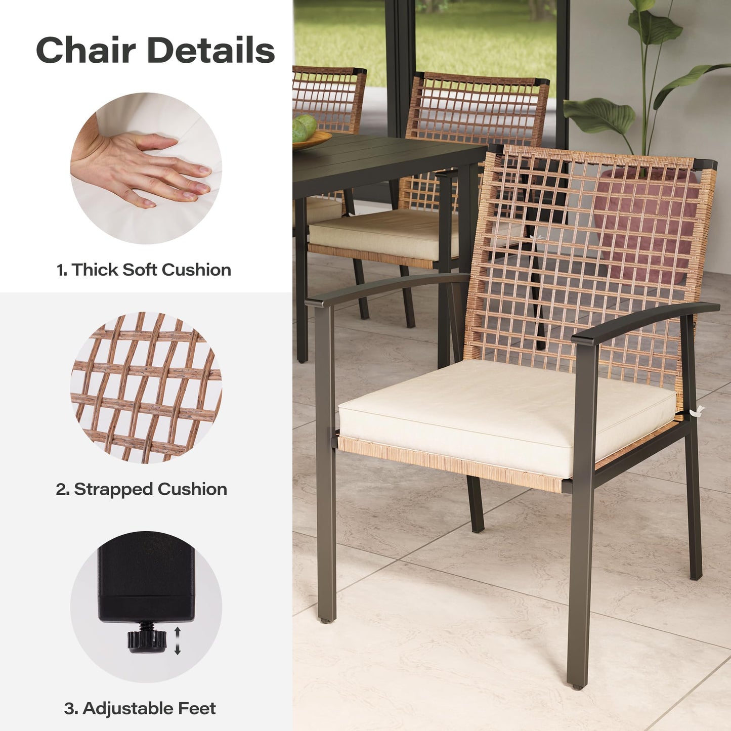 LAUSAINT HOME 7 Pieces Patio Dining Set, Outdoor Furniture Set of 6 Chairs with Soft Cushion and Iron Slats Table Top with Umbrella Hole, Conversation Set for Backyard, Garden and Poolside