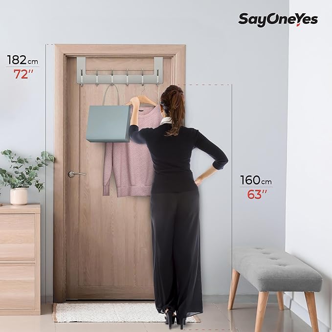 Brushed Nickel Over The Door Hooks, Heavy Duty Stainless Steel Door Hanger with 6 Double Hooks for Hanging Towels, Coats, Robes, Hats, Bags, No Drill Over Door Towel Rack for Bathroom, Bedroom, 2 Pack