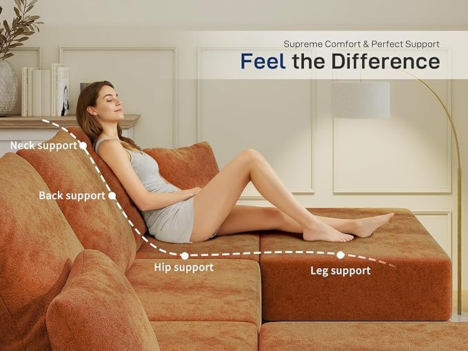 Cloud Modular Sectional Sofa, Comfy Boneless Couch for Living Room, Modern L-Shaped Couch with Reversible Chaise, Customizable Sleeper Sofa with Non Slip, No Assembly & Deep Seat, Orange