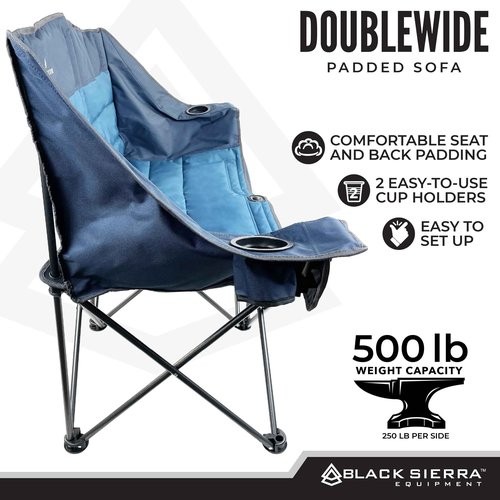 Black Sierra Double Padded Folding Camping Chair, Oversized Folding Camp Sofa, Portable Outdoor Loveseat Supports 500 lbs, Perfect for Beach, Tailgating, RV, Sports, Patio