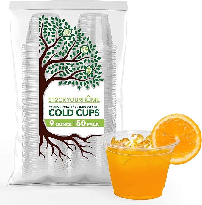 Stock Your Home 9 oz Commercially Compostable Cold Cups (50 Pack), Eco Party Cup, Environmentally Friendly Recyclable Disp...