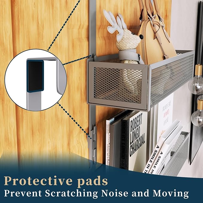 Consumest Over The Door Hooks Organizer - Extra Long Door Hanger with 9 Coat Hooks & 2 Mesh Basket, Back Storage Organizer Hanging Towels for Bathroom, Bedroom - Grey (for 1.76 in Doors)
