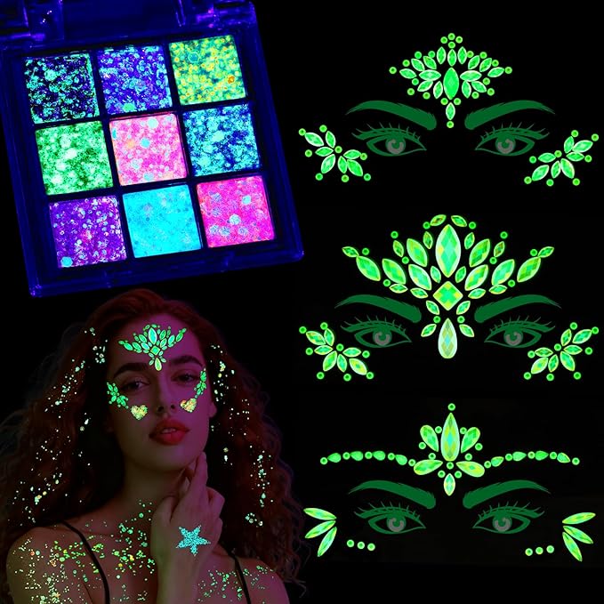 YGDZ Glow in The Dark Face Glitter, Hair Body Glitter Gel, Face Jewels Stick On for Women, Festival Carnival Outfits, Merm...
