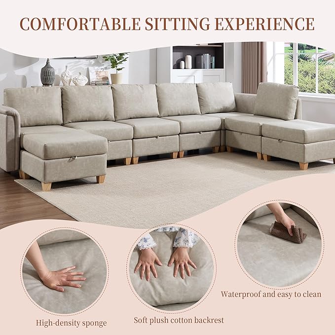 Modular Sectional Sofa,Modern Sectional U Shaped Couches for Living Room,8 Seat PU Leather Deep Seat Sectional Cloud Couch with Storage,Beige