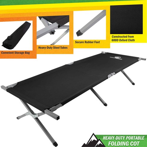 Camping Cot - Portable Folding Camp Bed - 600D Sleeping Cot for Adults with Steel Frame by Wakeman Outdoors (Black)