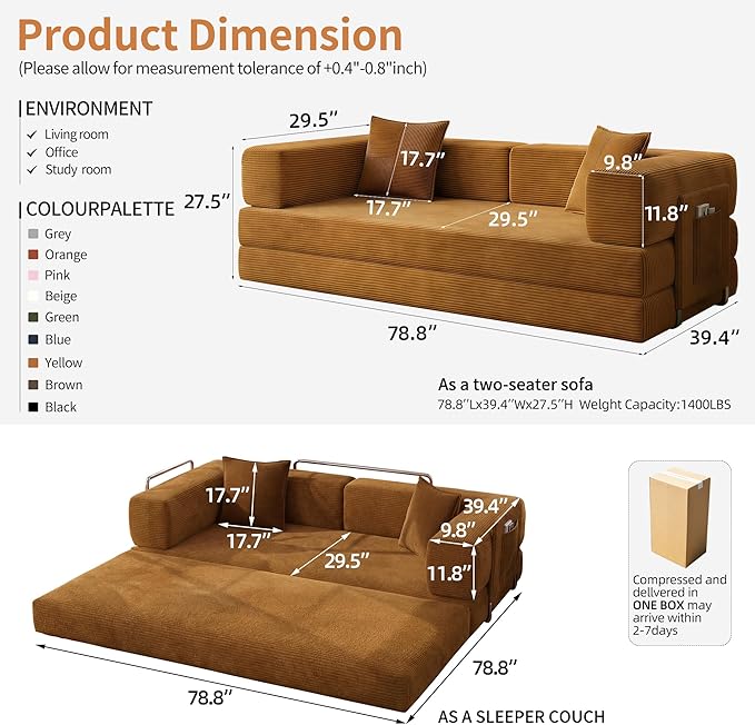 Fancyfire 78.8" Convertible Sofa Bed with Armrest Pillow,4-in-1 Sleeper Couch Bed for Livingroom,Modular Corduroy Boneless couches,No Assembly (Yellow)