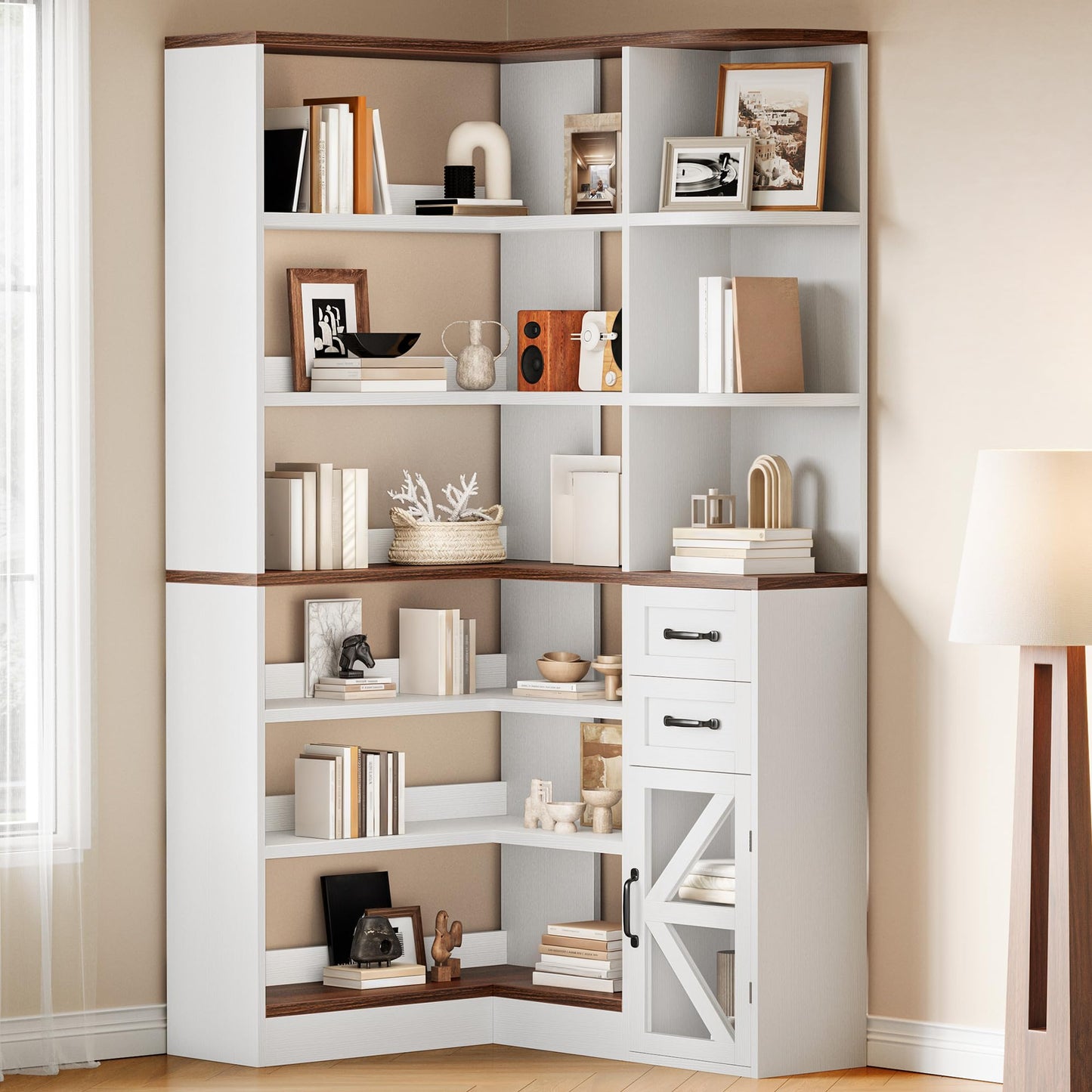 YITAHOME Corner Bookshelf with Storage, Farmhouse 6-Tier Bookshelf with Drawers and Cabinets, L-Shaped Bookcase LED Lights Corner Display Shelf for Home Office, Living Room, Bedroom