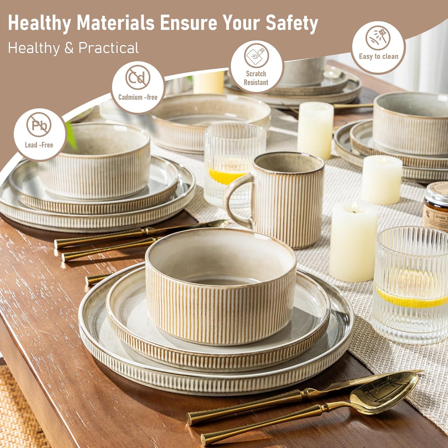 GBHOME Stoneware Dinnerware Sets for 8,Round Reactive Glaze Ceramic Plates and Bowls Set,Highly Scratch Resistant| Dishwasher & Microwave Safe Dishes Set,Service for 8(24pc)